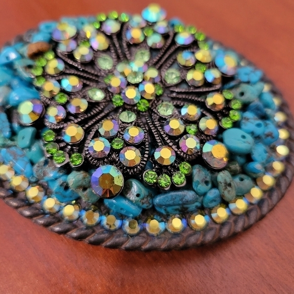 Whimsical Originals Rhinestone and Turquoise Belt Buckle Artisan Made - Picture 2 of 7